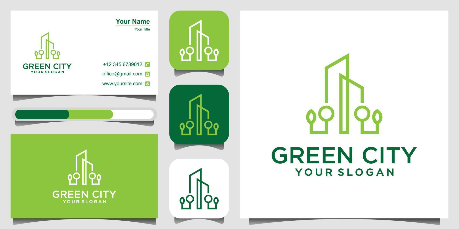 bâtiment de modèle vectoriel de conception de logo immobilier de ville verte. symbole de contour minimaliste pour les bâtiments respectueux de l'environnement. icône et vecteur premium de carte de visite.