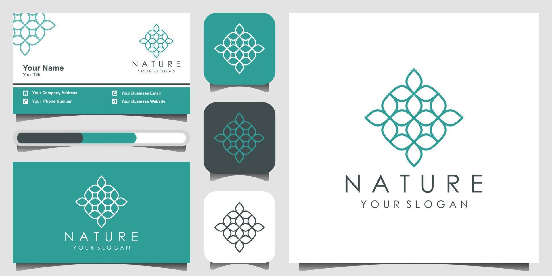 conception minimaliste élégante de logo de feuille et de fleur de rose pour la beauté, les cosmétiques, le yoga et le spa. création de logo et carte de visite vecteur