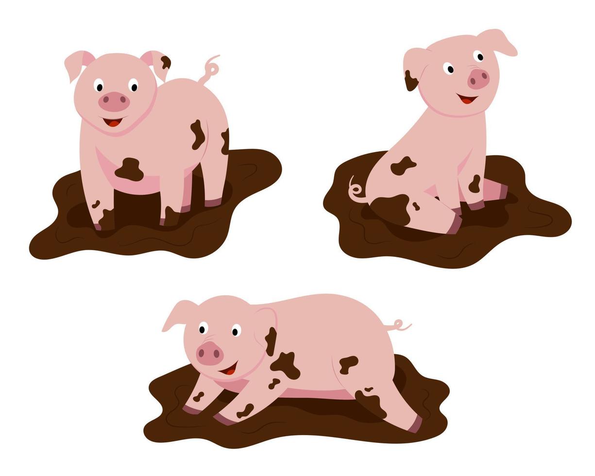 illustration de dessin animé, un ensemble de cochons mignons dans la boue. vecteur isolé sur fond blanc.