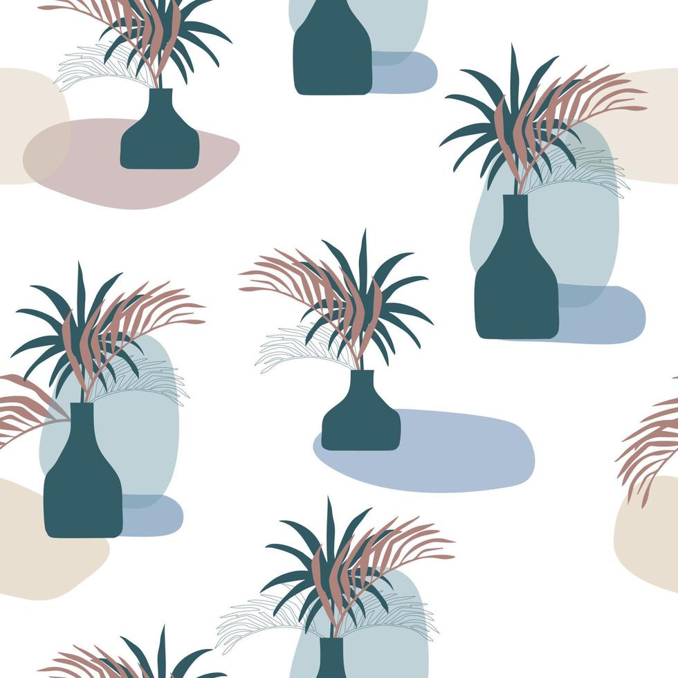 modèle sans couture avec composition abstraite de formes simples. feuilles de palmier tropical dans un vase vecteur