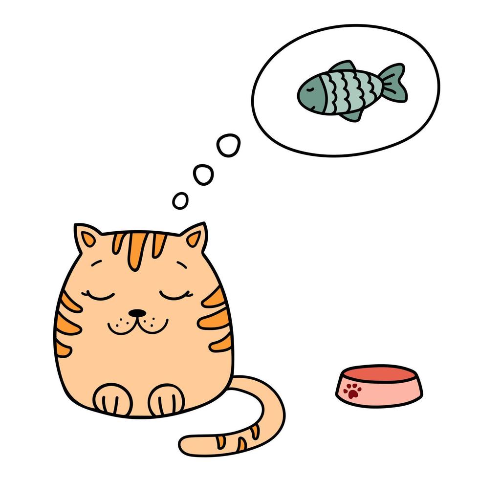 chat rayé rouge rêvant d'un poisson vecteur