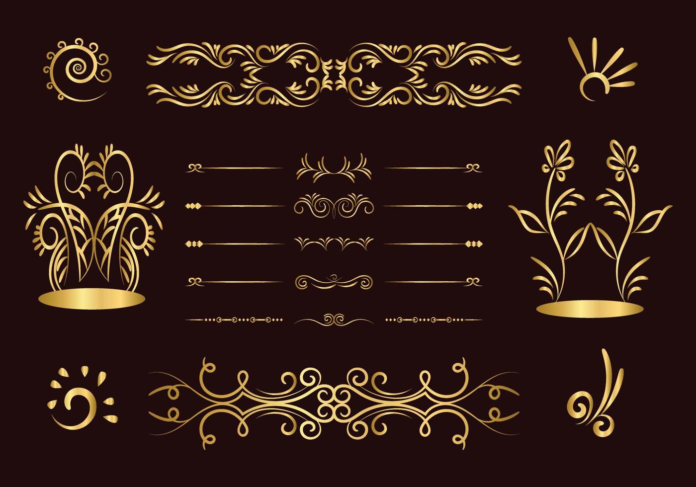 ensemble de séparateurs dorés. éléments décoratifs ornementaux. conception d'éléments ornés de vecteur. l'or fleurit. séparateur calligraphique décoratif et bordure pour l'ornement de scrapbook vignette. vecteur