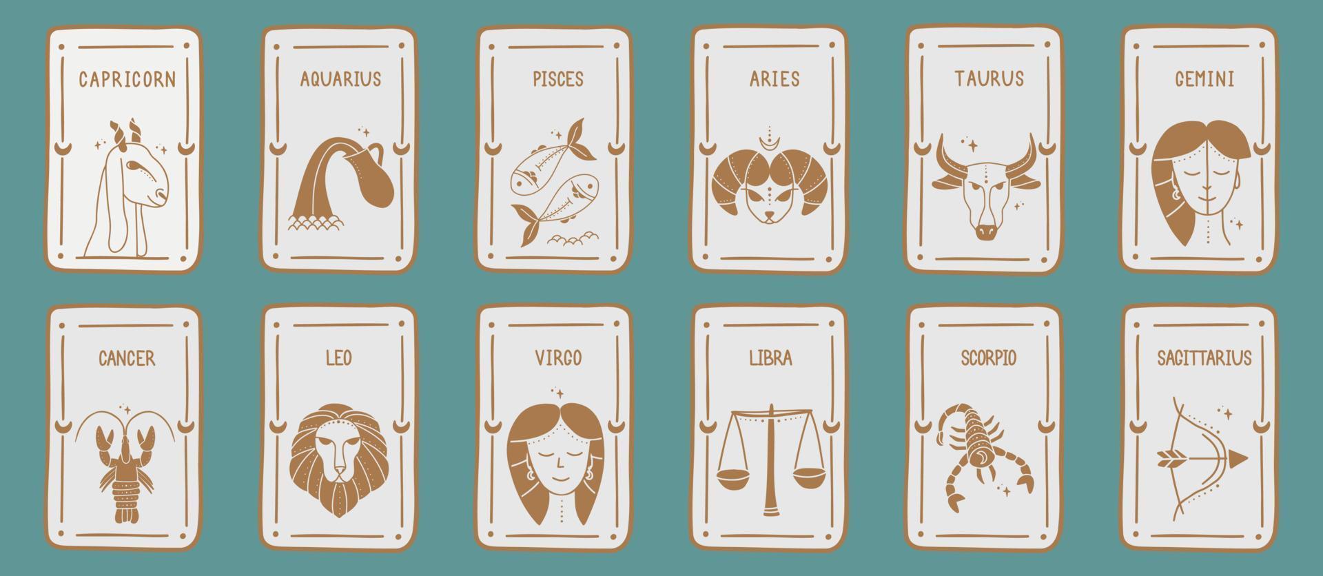 un ensemble d'illustrations vectorielles de conception linéaire de cartes d'horoscope du zodiaque astrologie. symboles élégants et icônes de modèles d'horoscope ésotériques. vecteur