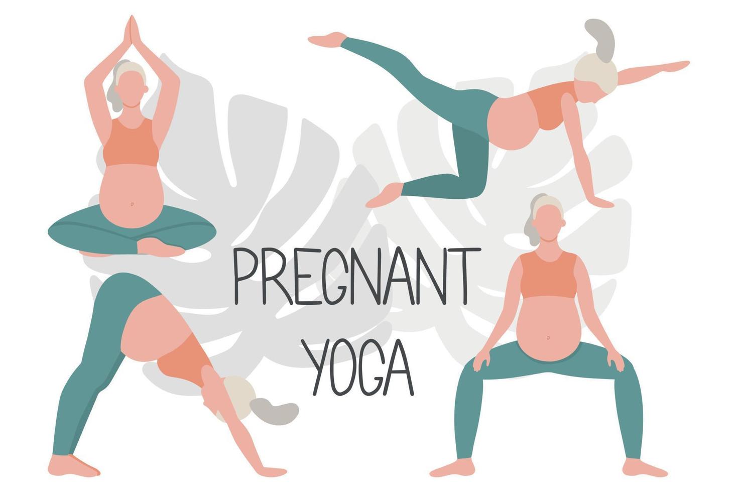 concept de grossesse heureuse et saine. femme enceinte faisant du yoga, 4 exercices pour la santé et la relaxation. vecteur