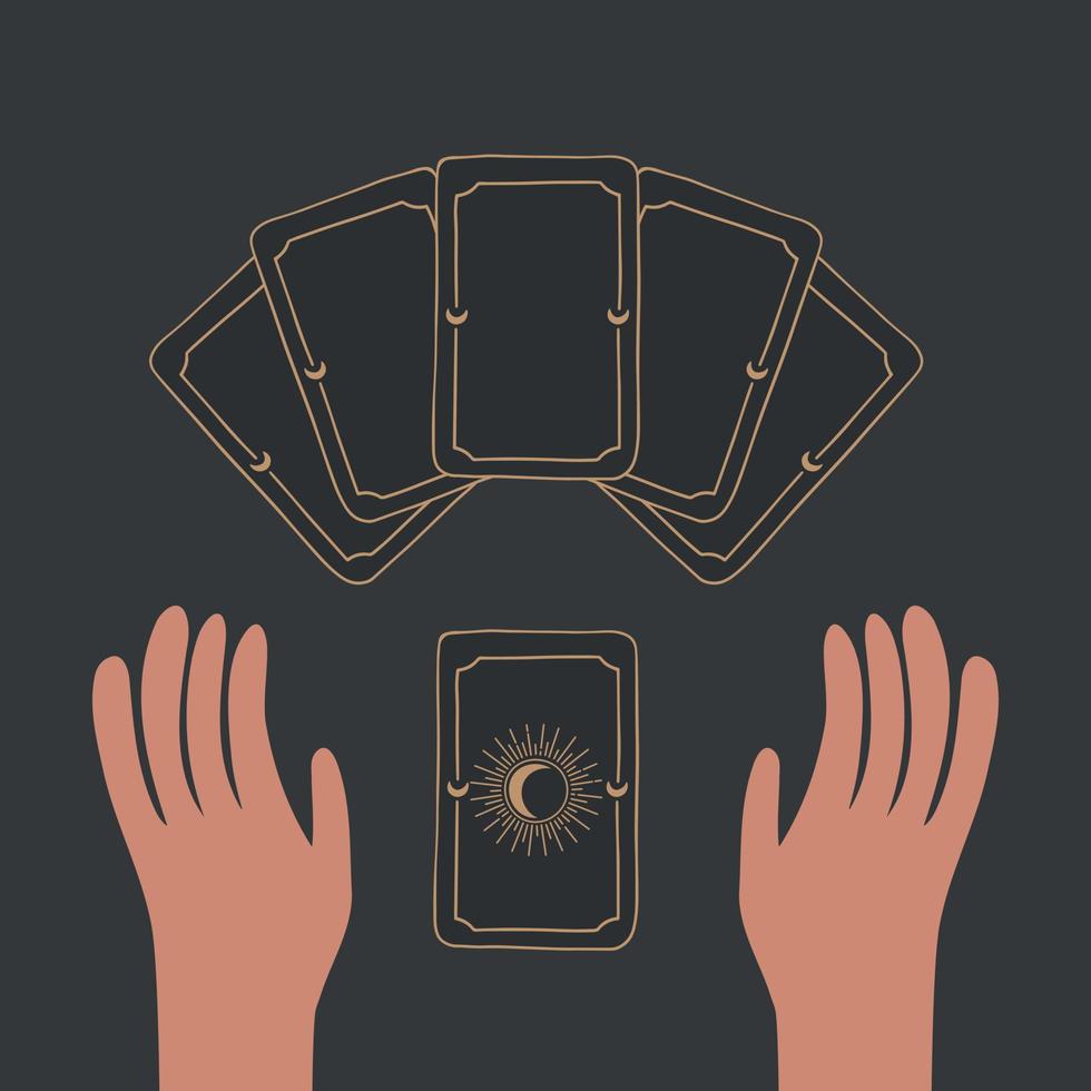 la main tient des cartes de tarot magiques, boho, symbole de la divination et de la prédiction, icône de la sorcière, astrologie. illustration vectorielle isolée sur fond noir. vecteur