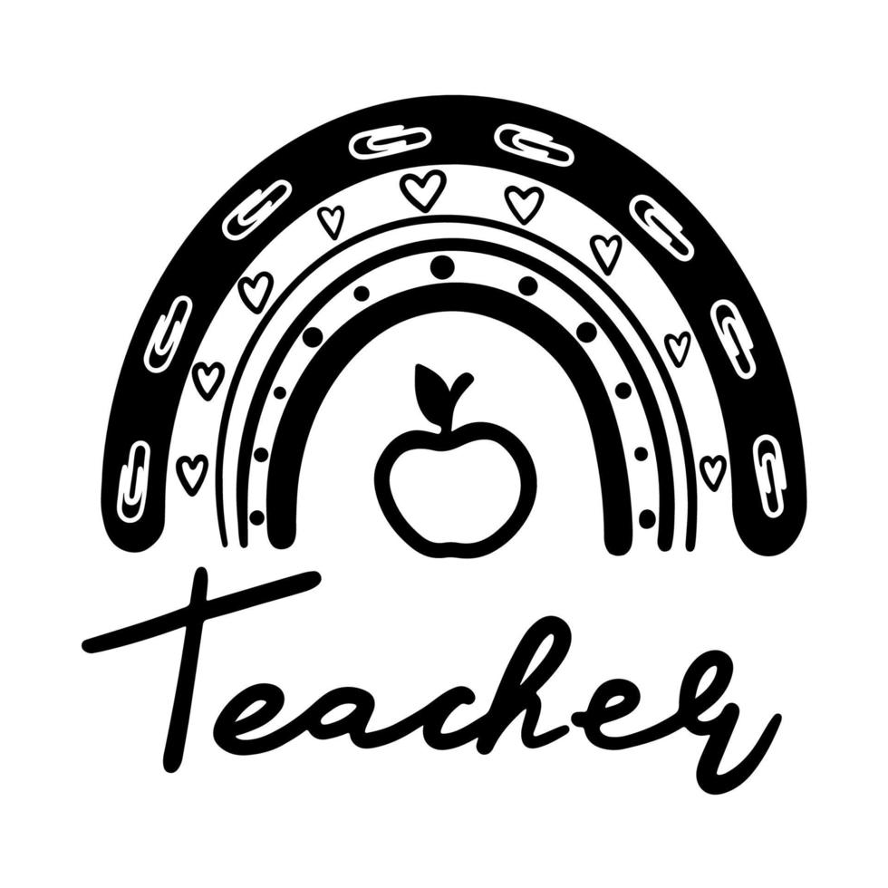 l'arc-en-ciel du professeur avec une pomme et un mot. caractères. l'illustration vectorielle monochrome est isolée sur white.back à la conception de l'école vecteur