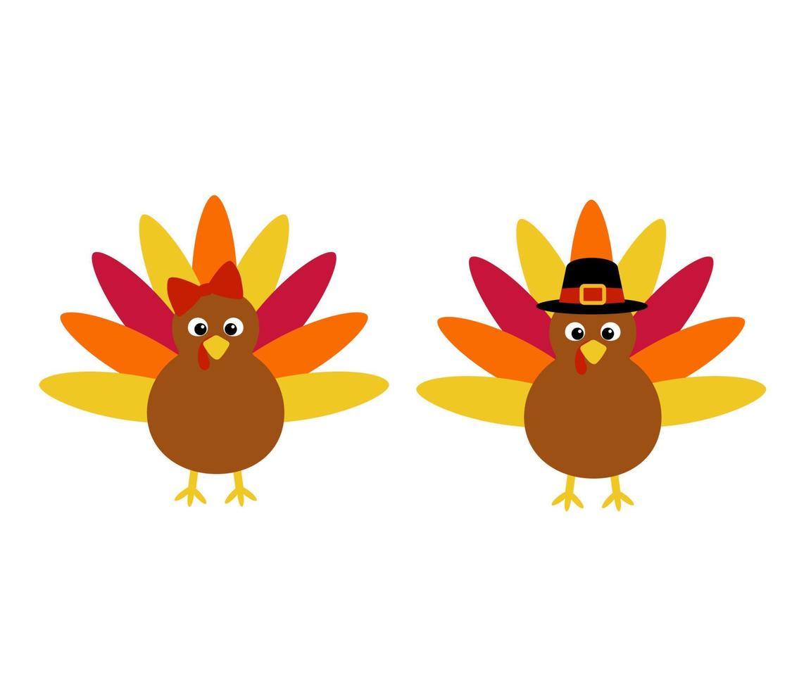 illustration vectorielle de dinde de thanksgiving isolée sur fond blanc. dinde plate simple pour les enfants avec un arc et un chapeau pour les enfants vecteur