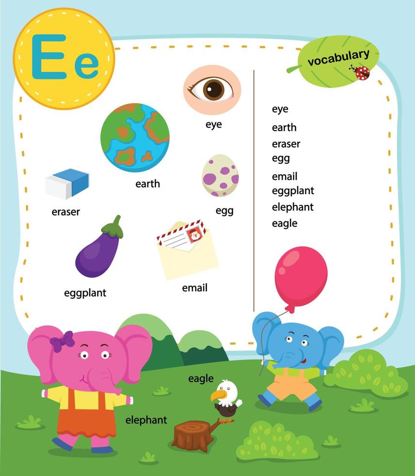 lettre de l'alphabet e illustration de vocabulaire de l'éducation, vecteur