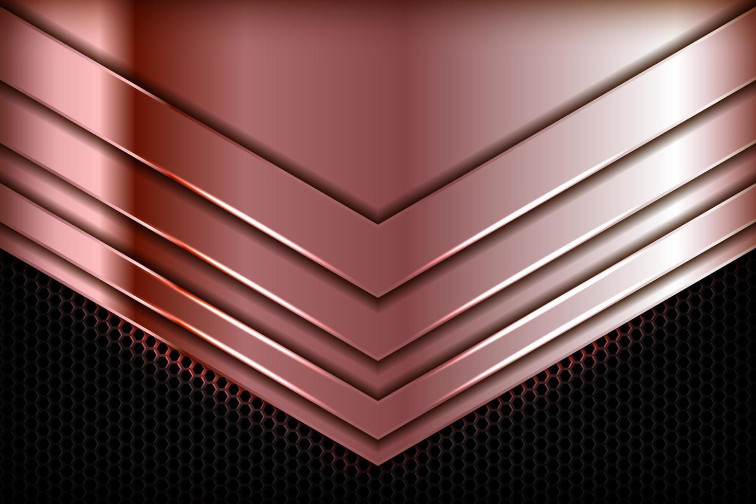 dimension de chevauchement de flèche abstraite 3d en or rose sur fond de texture hexagonale noire. texture de couches de chevauchement réaliste avec décoration d'éléments de lumières. vecteur