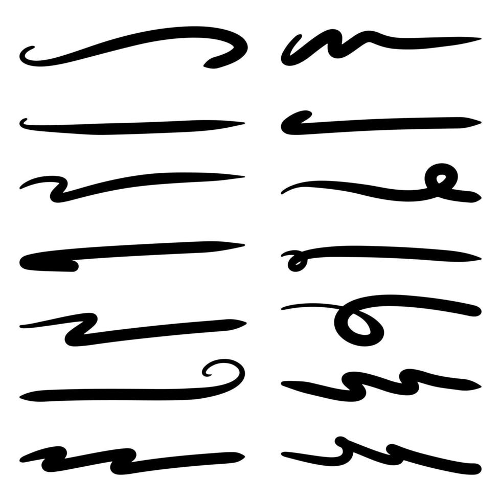 éléments de surbrillance dessinés à la main. traits de marqueur noir isolés sur fond blanc. illustration vectorielle. vecteur