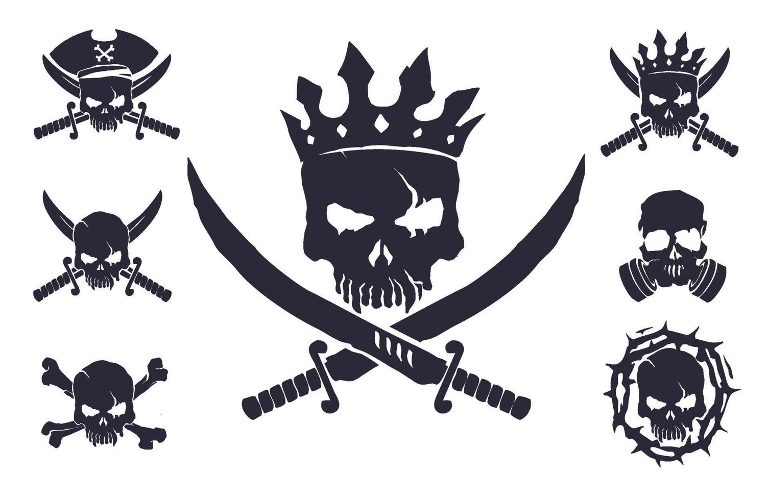 collection sombre de 7 crânes vectoriels que vous pouvez utiliser ces crânes de pirates pour imprimer sur des t-shirts, des vêtements, des drapeaux de pirates, des tasses, des oreillers, des snowboards et d'autres articles et choses. vecteur