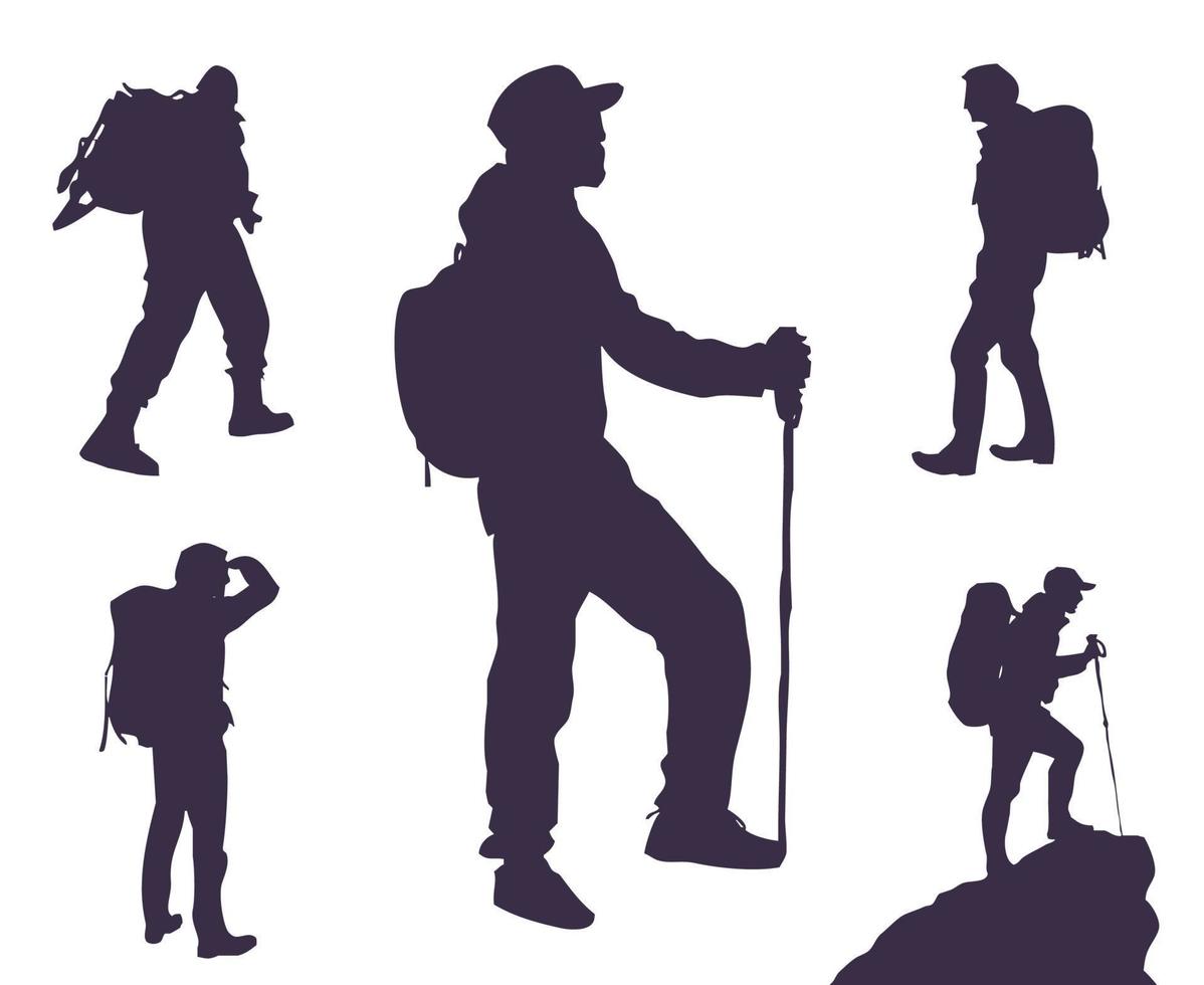 ensemble de silhouettes de voyageurs et de touristes. les voyageurs partent à l'aventure vecteur