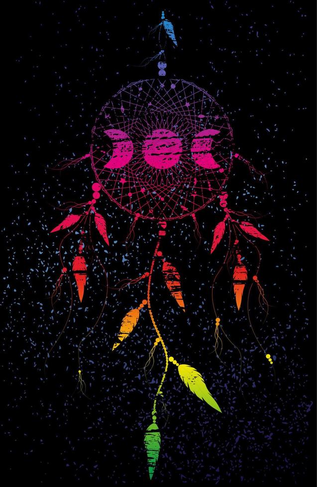 psychédélique dreamcatcher mandala ornement phases de lune et plumes d'oiseaux. ancien symbole mystique, art ethnique coloré avec un design boho indien amérindien, vecteur isolé sur fond noir