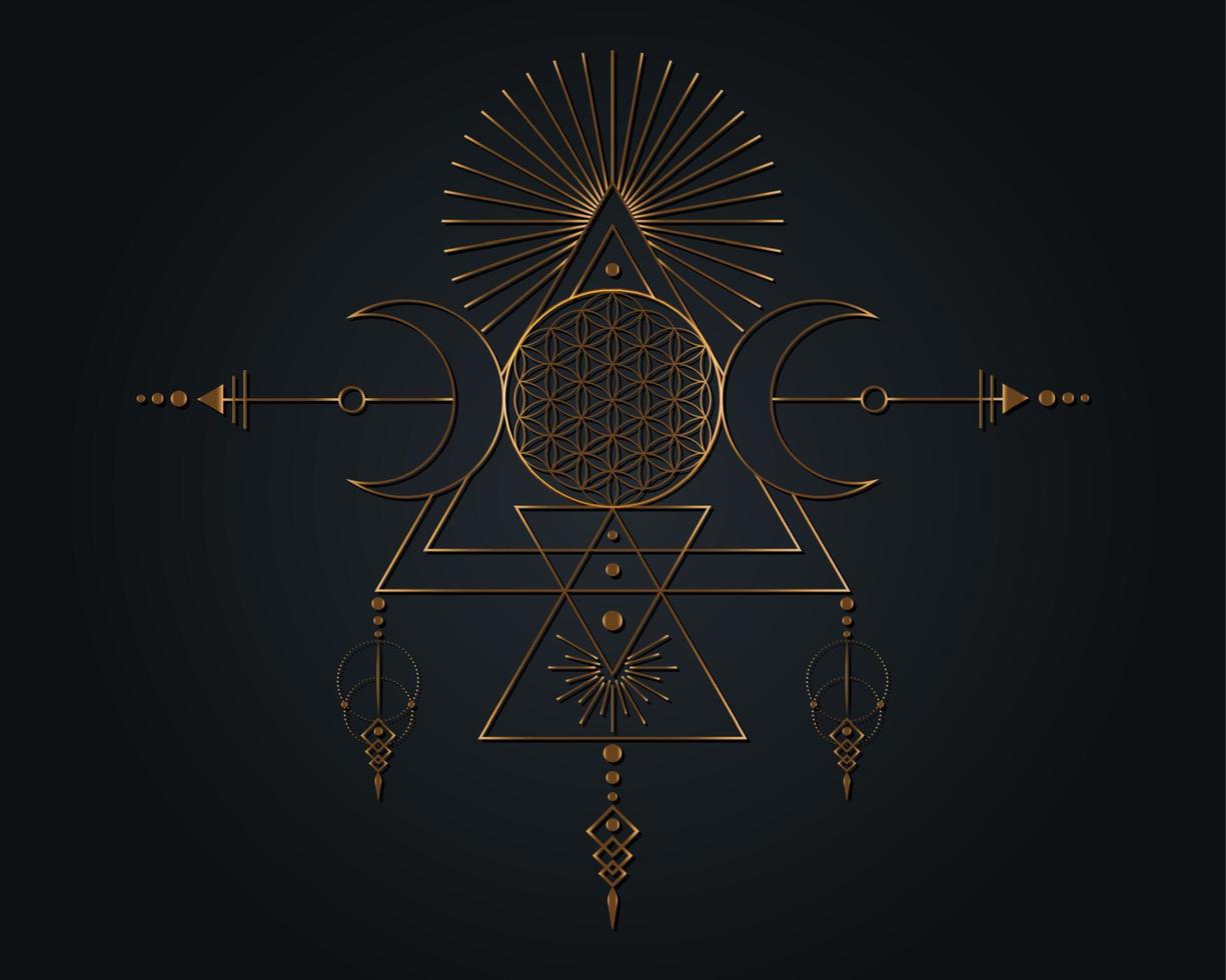 triple lune magique. symbole d'or de la divinité viking, géométrie sacrée  celtique, logo wiccan, triangles ésotériques d'alchimie. illustration  vectorielle d'objet d'occultisme spirituel isolée sur fond argenté 8934099  Art vectoriel chez Vecteezy