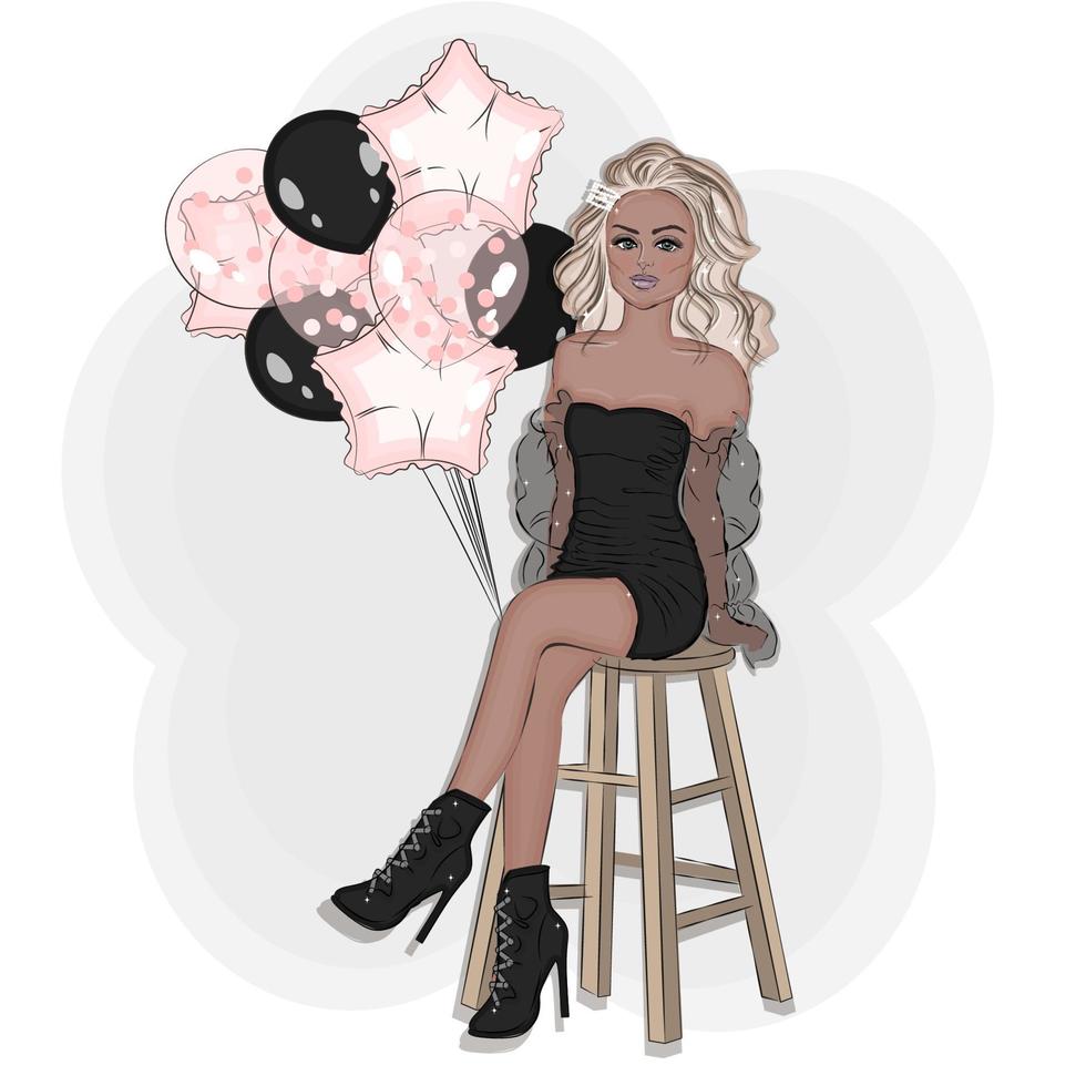 belle blonde assise sur une chaise avec des ballons, impression d'illustration de mode vectorielle vecteur