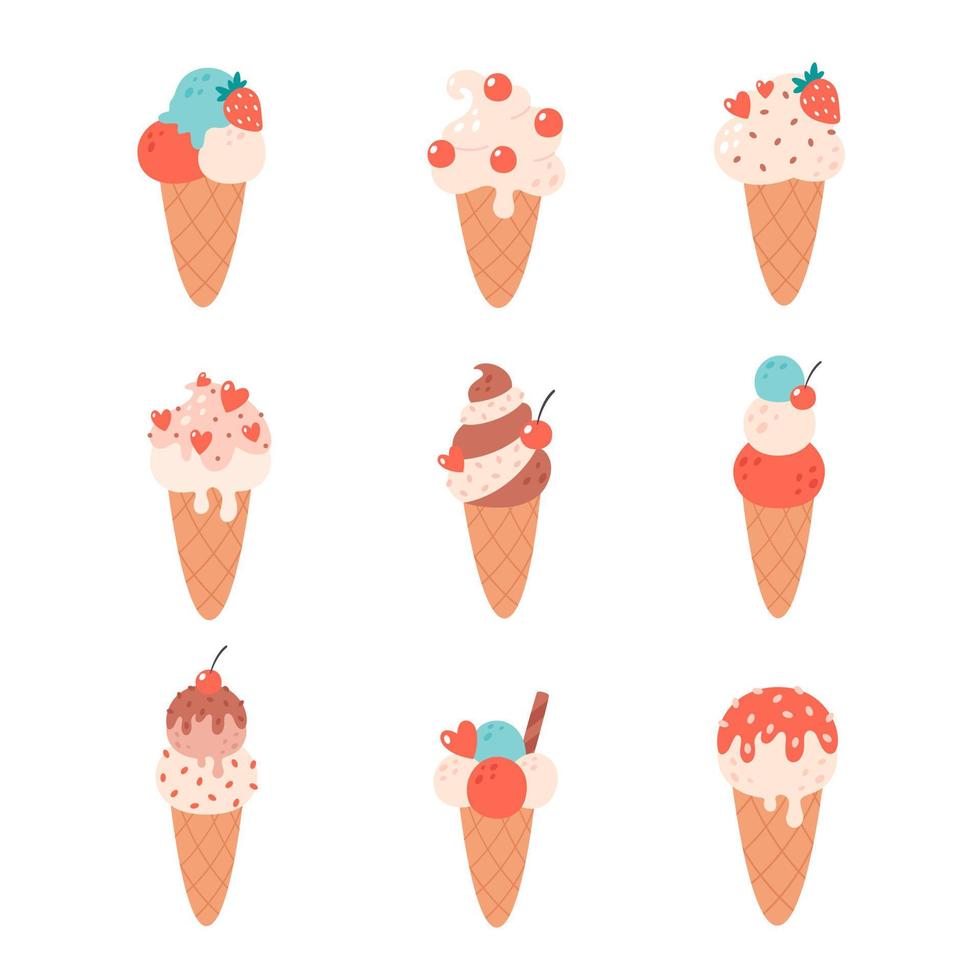 collection de glaces. cornet de crème glacée avec différentes saveurs. l'été, bonjour l'été. vecteur