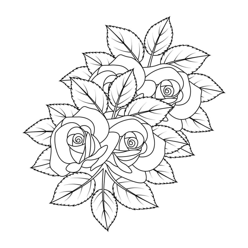 illustration de page de coloriage de fleur rose doodle noir et blanc pour l'impression vecteur