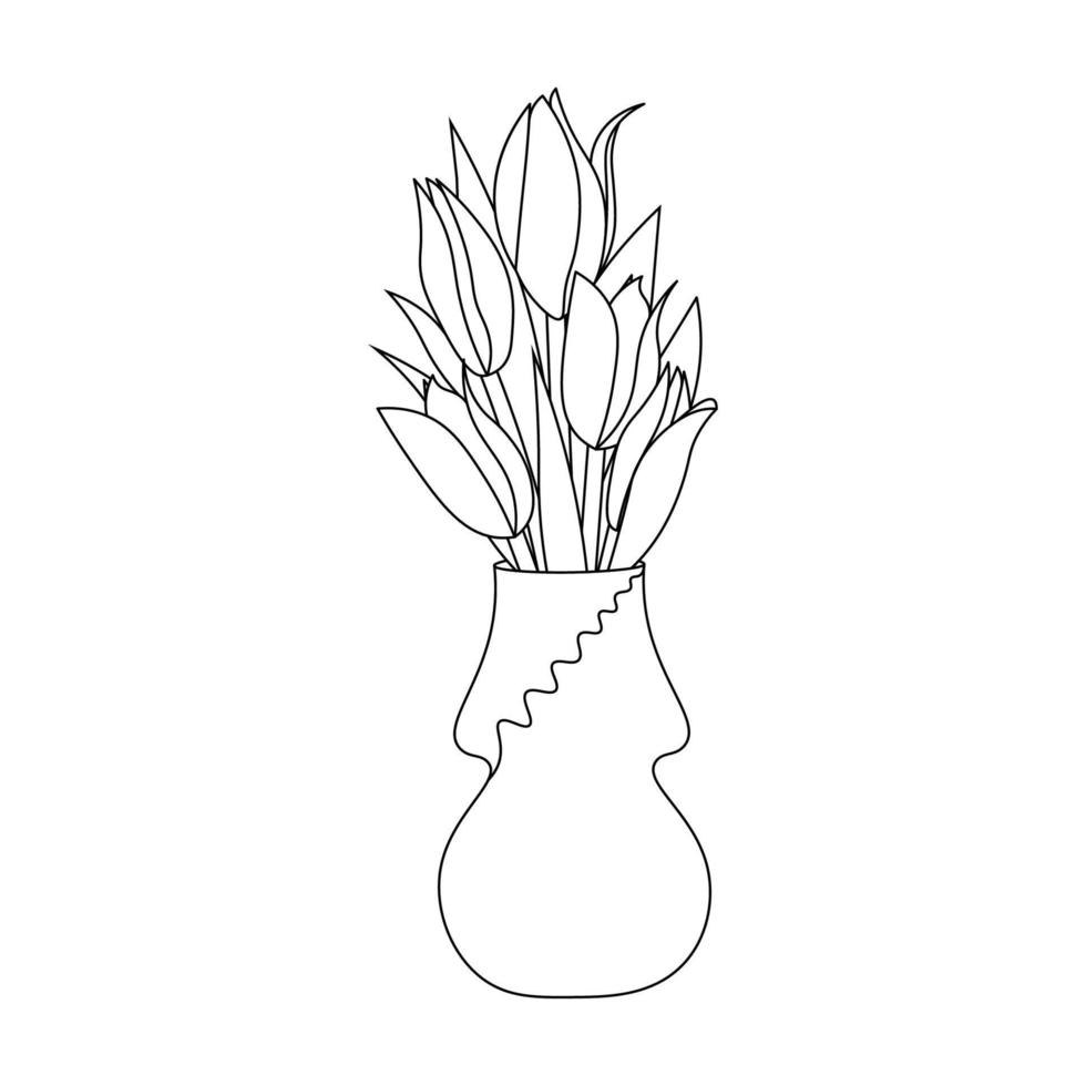 vase à fleur avec dessin au trait fleur coloriage page avec des feuilles vecteur