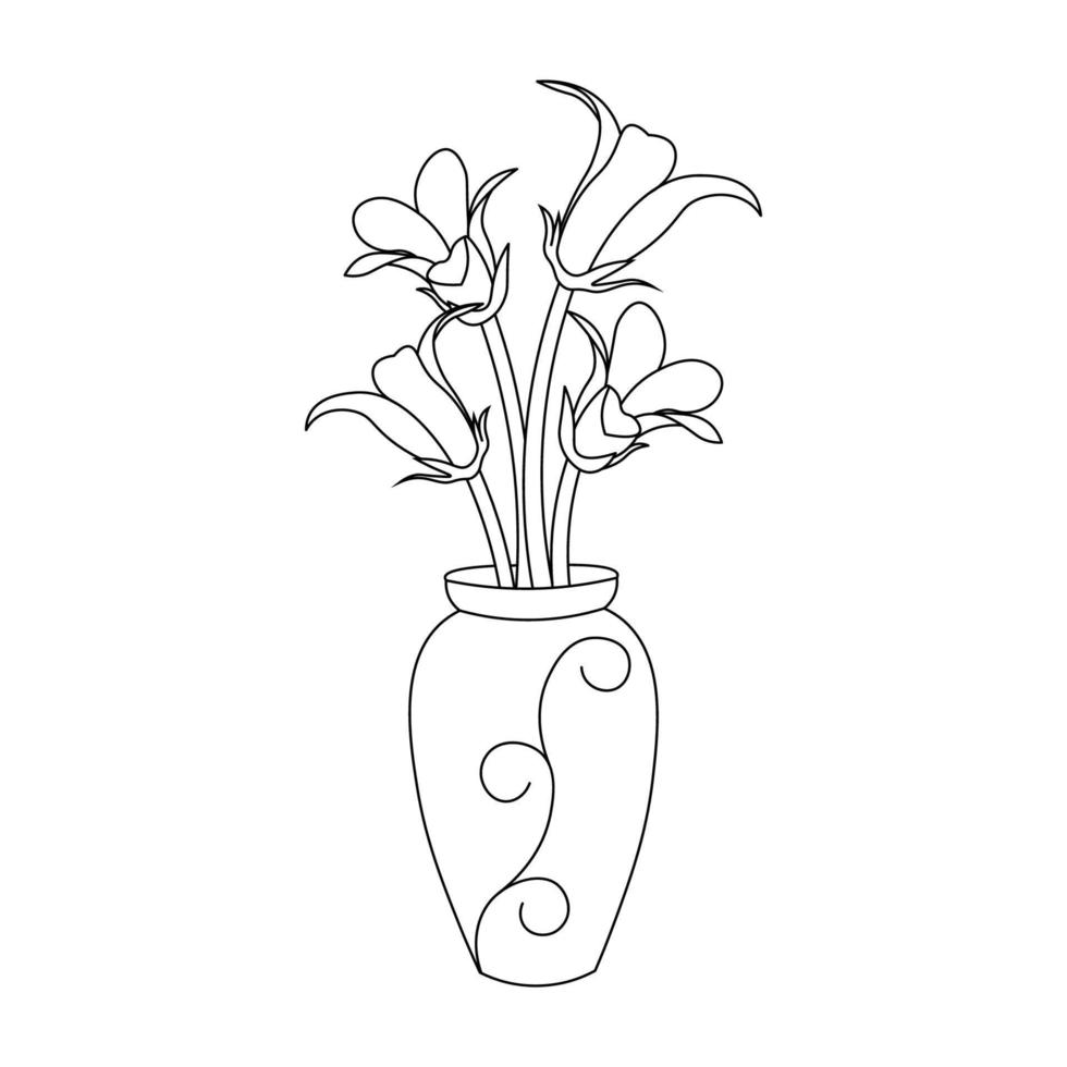 illustration de vase dessiné à la main avec page de coloriage de fleur de dessin au trait d'objet graphique vectoriel