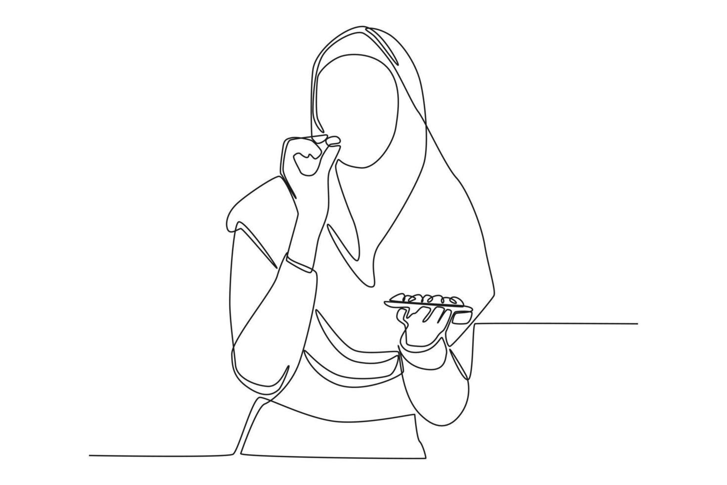 une ligne continue dessinant une belle jeune fille musulmane avec un hijab mangeant des dattes pour rompre le festin. concept d'activité alimentaire. illustration graphique vectorielle de dessin à une seule ligne. vecteur