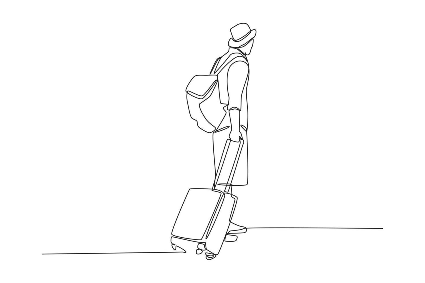 une ligne continue dessinant la vue arrière d'une voyageuse marchant avec une valise de maintien à l'aéroport. concept de la journée mondiale du tourisme. illustration graphique vectorielle de dessin à une seule ligne. vecteur