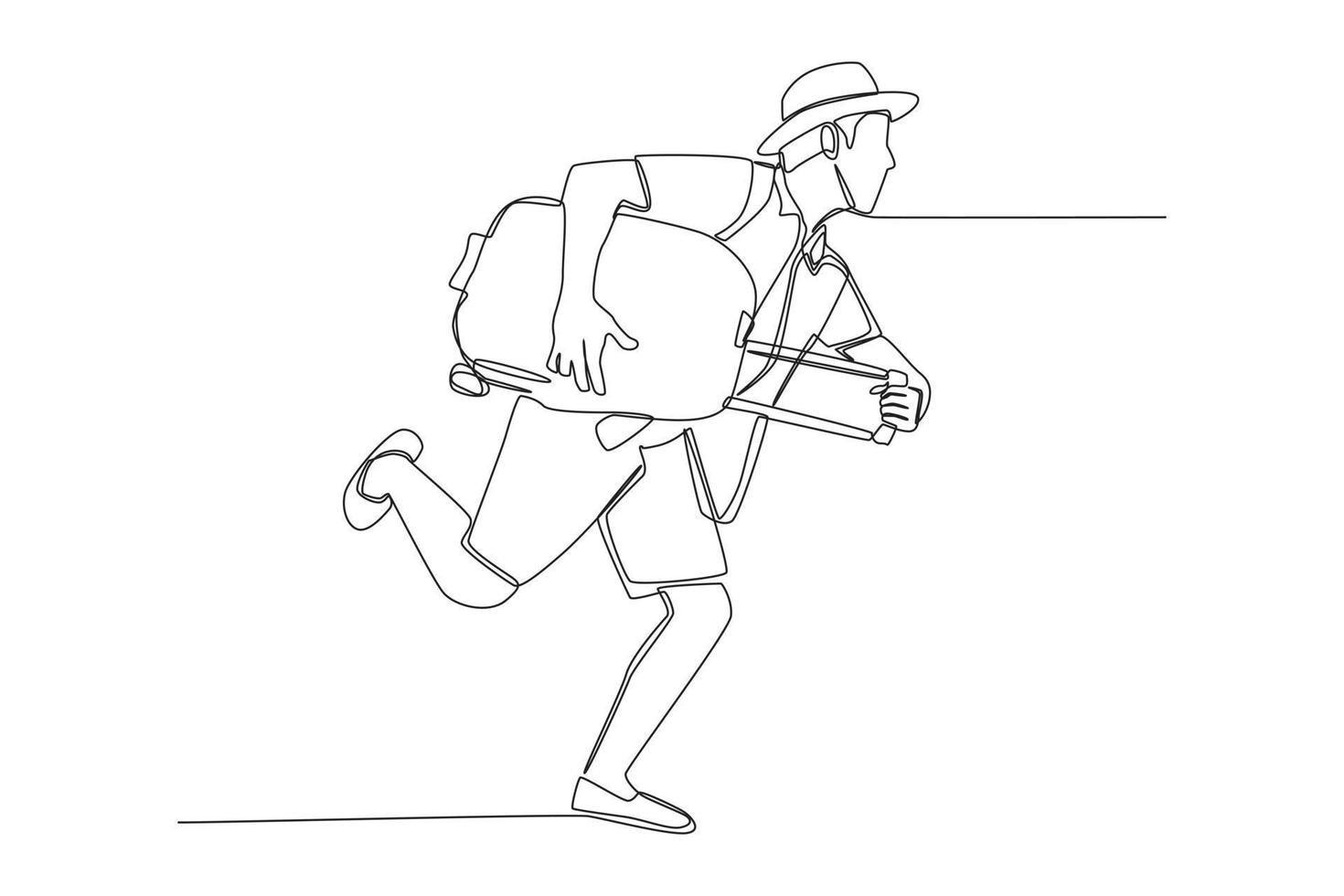 une ligne continue dessinant un jeune touriste heureux avec des bagages et un chapeau courant dans l'aéroport. concept de la journée mondiale du tourisme. illustration graphique vectorielle de dessin à une seule ligne. vecteur