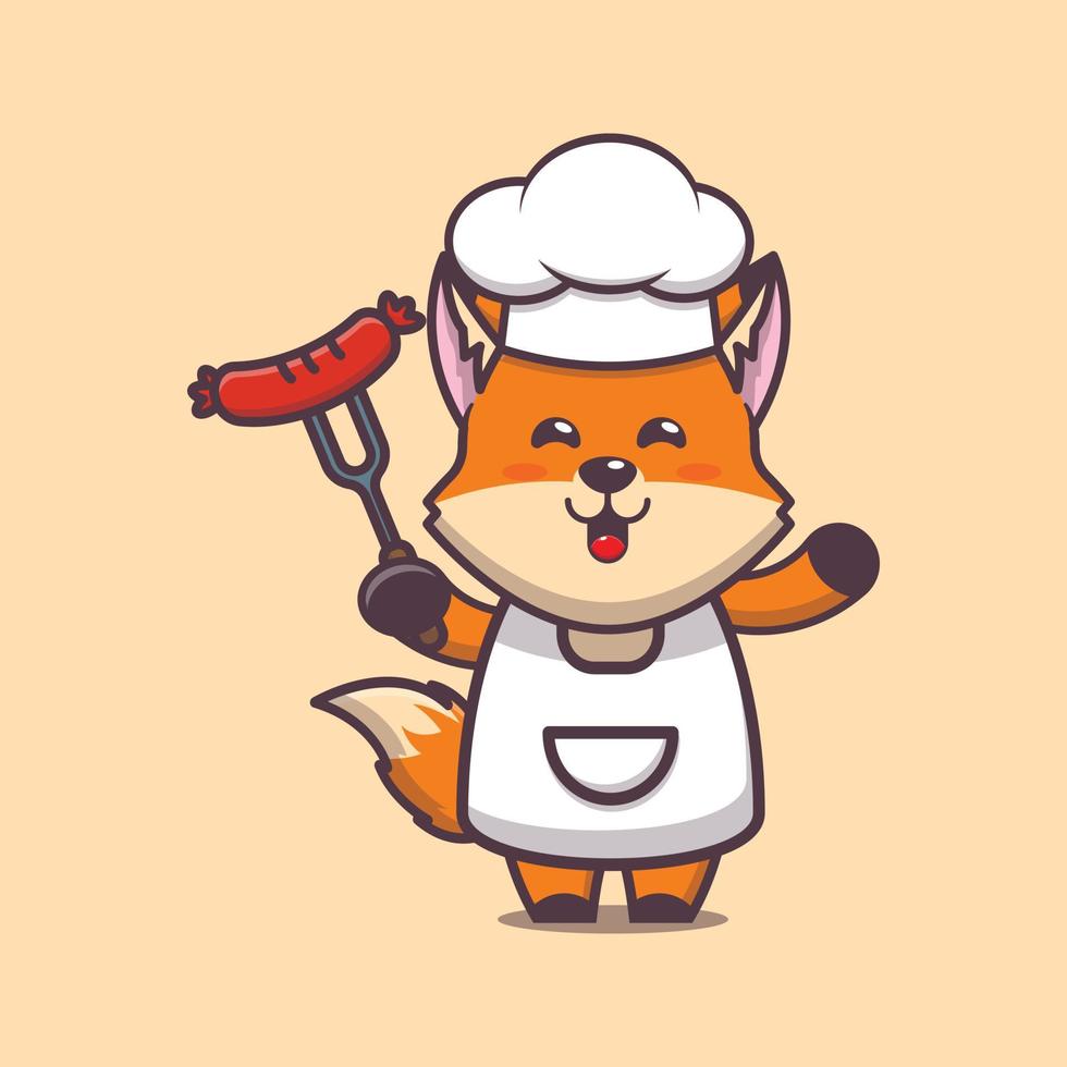 mignon, renard, chef cuisinier, mascotte, dessin animé, caractère, tenue, saucisse vecteur