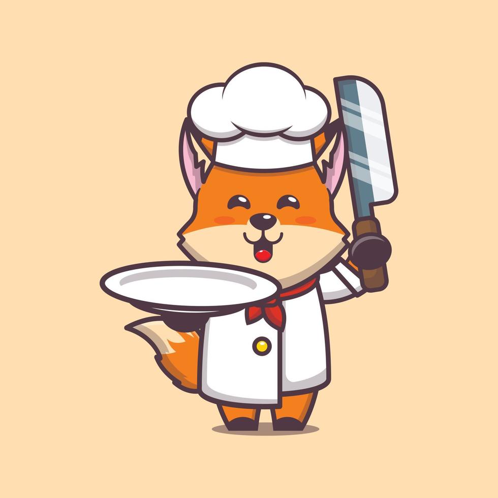 personnage de dessin animé de mascotte de chef renard mignon avec couteau et assiette vecteur