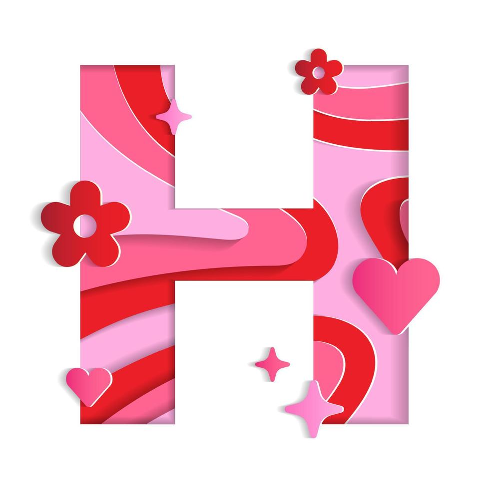 h alphabet saint valentin amour abstrait personnage police lettre papier animé fleur cœur étincelle éclat rouge rose montagne géographie contour carte 3d couche papier découpe carte web bannière illustration vectorielle vecteur