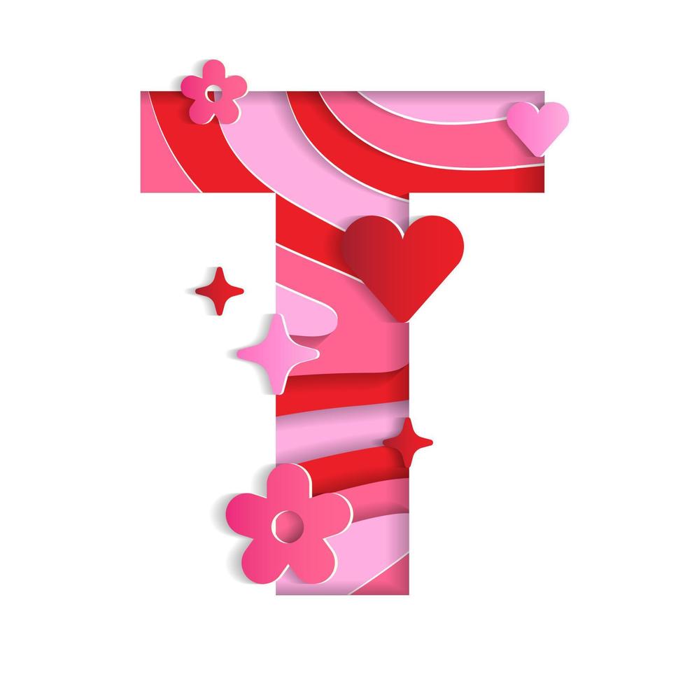 t alphabet saint valentin amour abstrait personnage police lettre papier animé fleur cœur étincelle éclat rouge rose montagne géographie contour carte 3d couche papier découpe carte web bannière illustration vectorielle vecteur