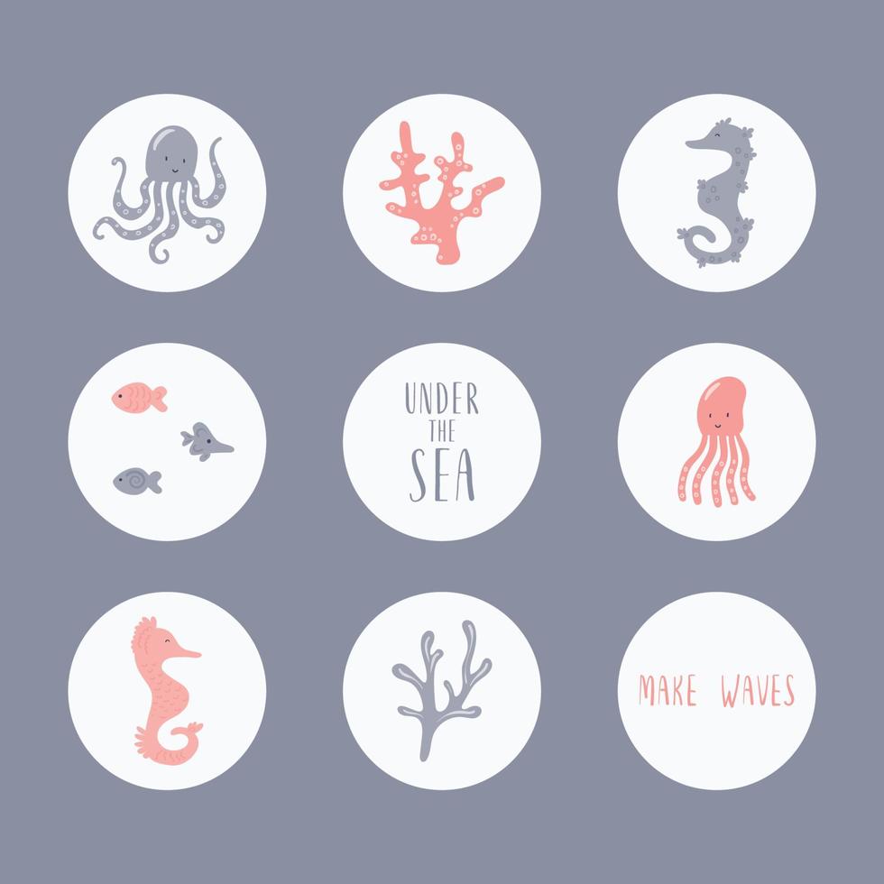 petite pieuvre avec poisson et coquillage. surligner stickers vecteur