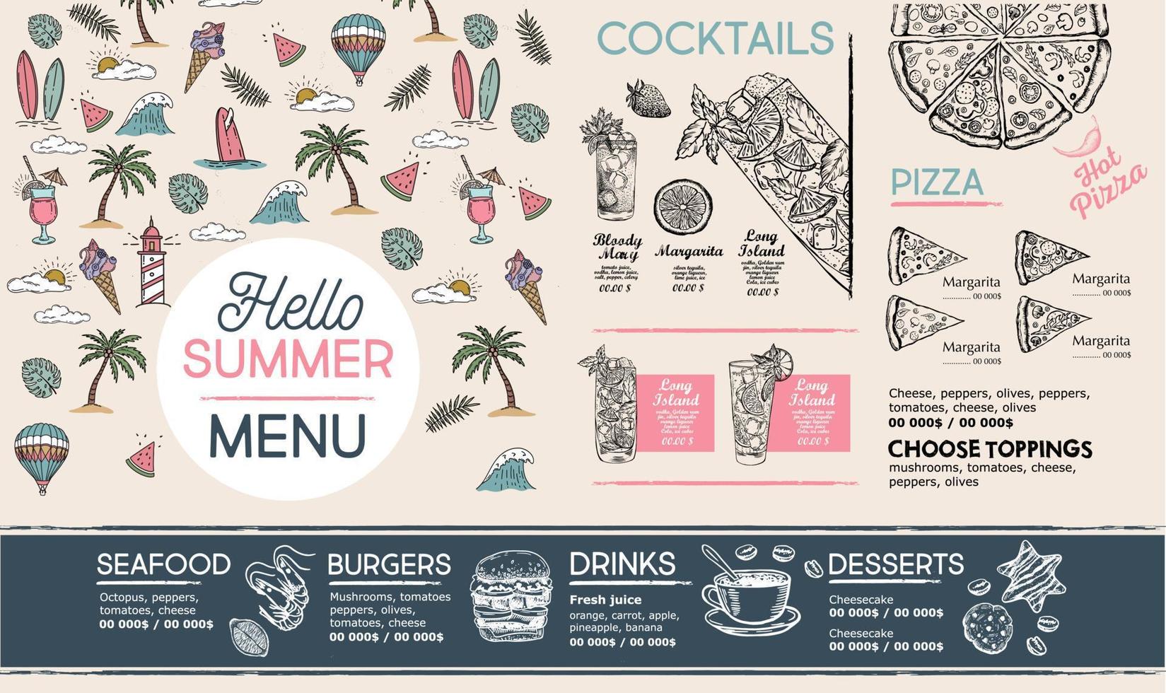 menu d'été, conception de modèles. dépliant alimentaire. style dessiné à la main. illustration vectorielle. vecteur