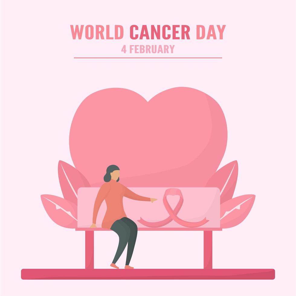 journée mondiale du cancer avec une femme assise sur un banc cardiaque vecteur