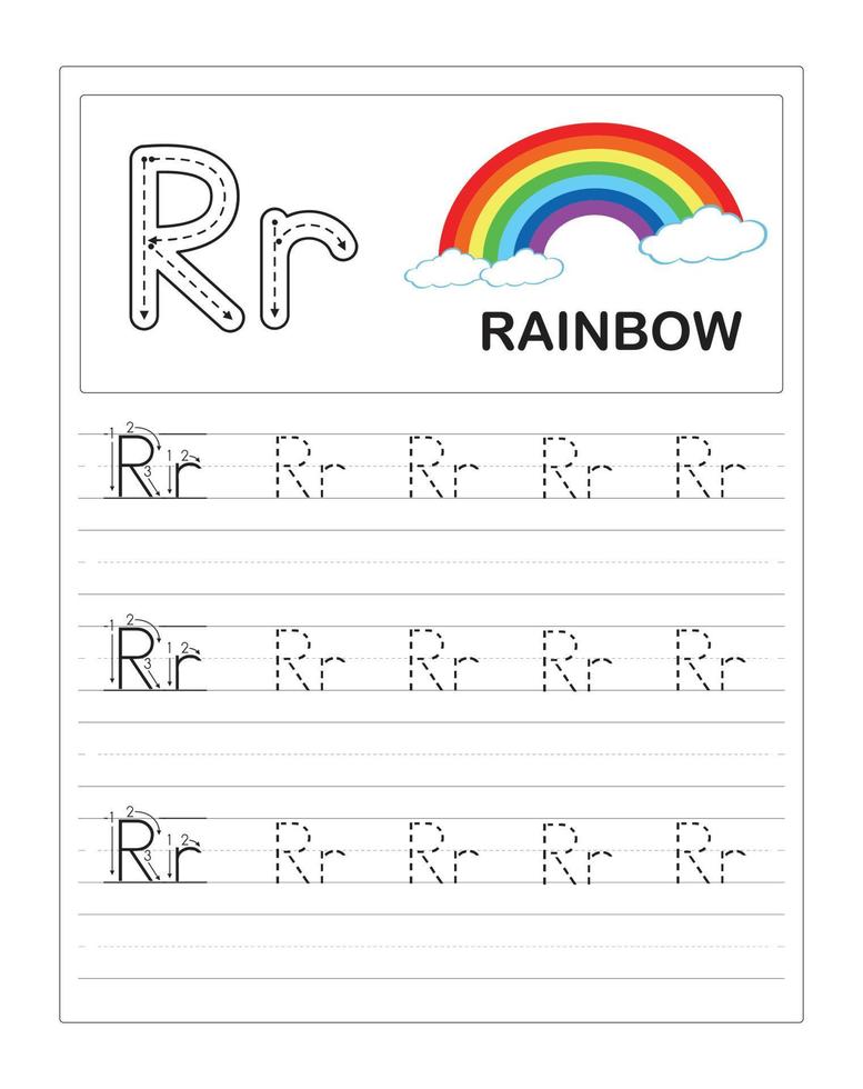 feuilles de travail de traçage de l'alphabet coloré pour enfants, r est pour arc-en-ciel vecteur