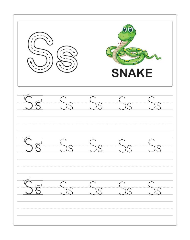 feuilles de travail de traçage de l'alphabet coloré pour enfants, s est pour serpent vecteur