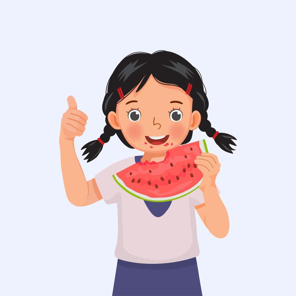 jolie petite fille mangeant de la pastèque par une journée ensoleillée en été montrant le pouce vers le haut vecteur