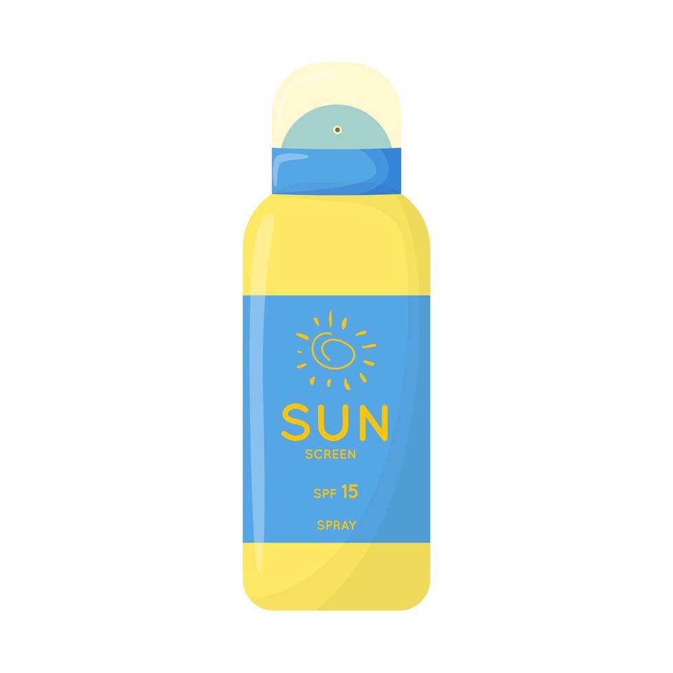 produit de soin de la peau. protection solaire, spray de protection uv. tube de produit de protection solaire avec spf. cosmétique d'été. illustration de vecteur plat isolé sur fond blanc.