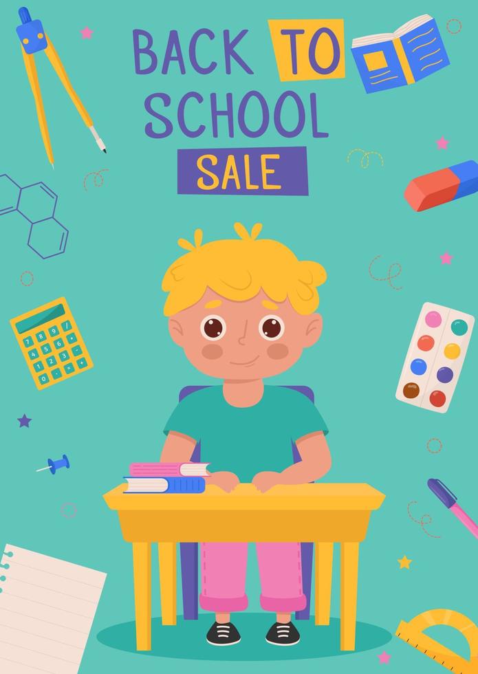 conception de bannière de retour à l'école avec un personnage d'école amusant et coloré, des éléments d'éducation. modèles colorés de retour à l'école pour l'invitation, l'affiche, la bannière, la promotion, la vente, etc. vecteur