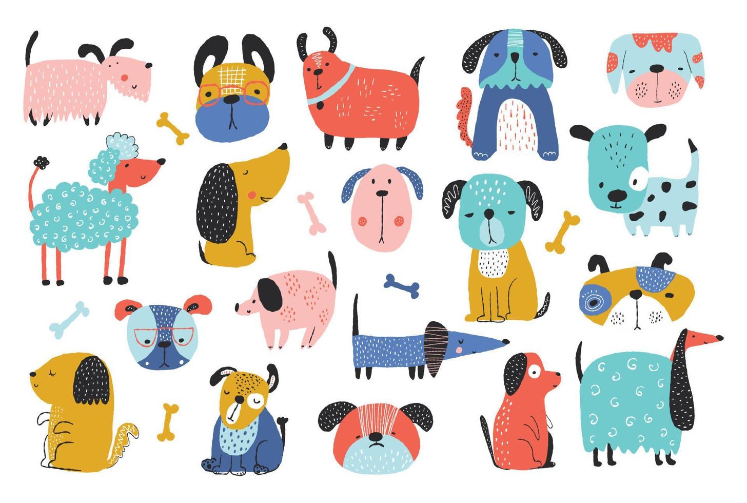 collection de chiens drôles mignons. ensemble de différents animaux de compagnie de dessin animé isolés sur fond blanc. chien imprimé animal créatif pour pépinière, vêtements, cartes postales. illustration vectorielle colorée dessinée à la main. vecteur