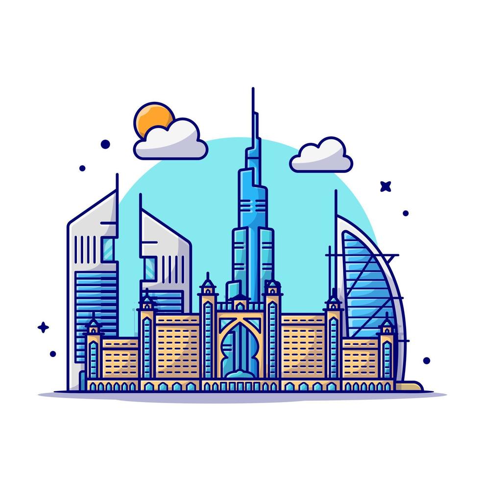 illustration de l'icône de vecteur de dessin animé de la ville de dubai skyline. concept d'icône de point de repère de bâtiment isolé vecteur premium. style de dessin animé plat