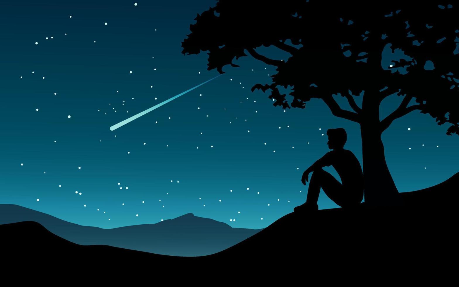fond de nuit nature avec homme pleine lune et assis sous l'arbre vecteur