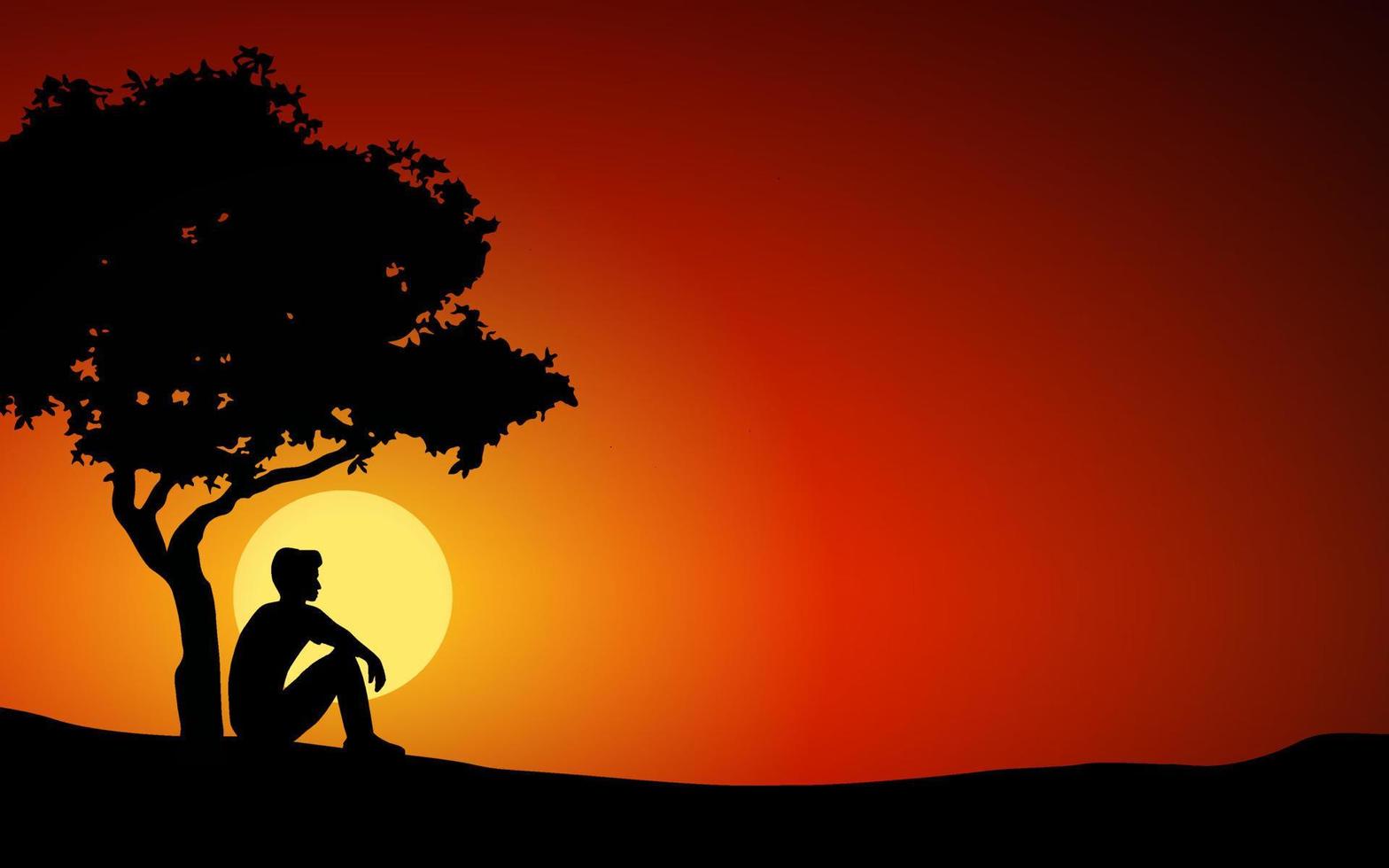 fond coucher de soleil nature avec homme assis sous l'arbre vecteur