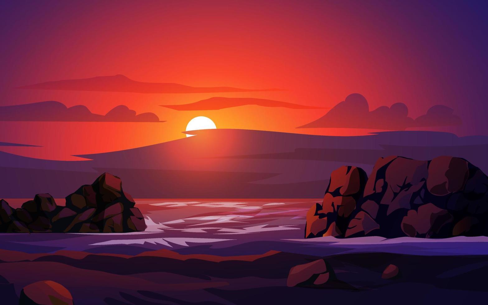 coucher de soleil sur une belle plage avec un ciel coloré et des rochers vecteur