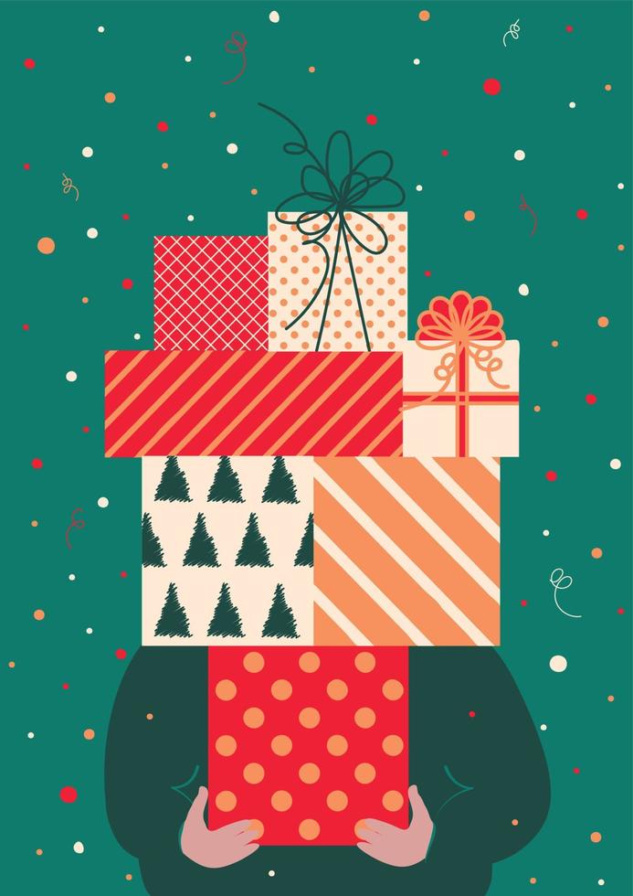 amusement abstrait vecteur dessiné à la main joyeux noël et bonne année carte avec illustration mignonne avec des coffrets cadeaux surprise.