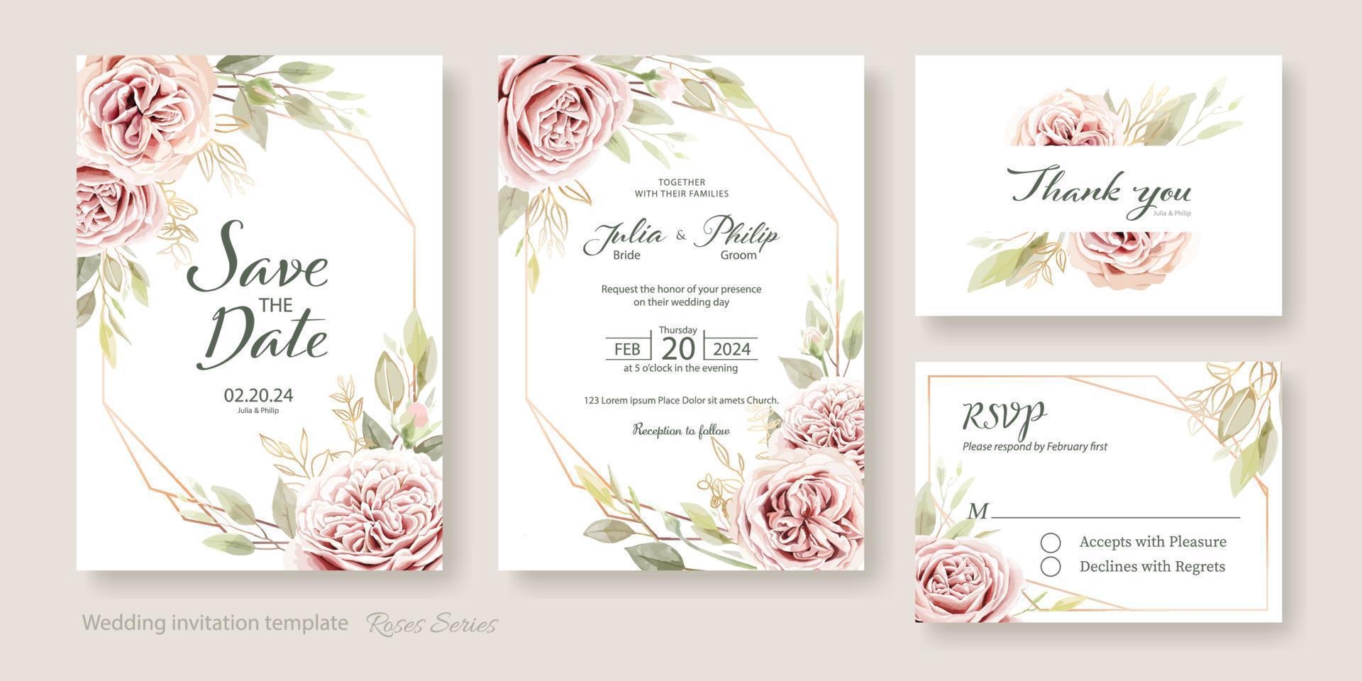 modèle de carte d'invitation de mariage. rose juliette et feuilles d'eucalyptus vecteur