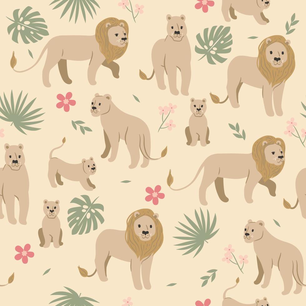 modèle sans couture avec des lions et des fleurs. graphiques vectoriels. vecteur