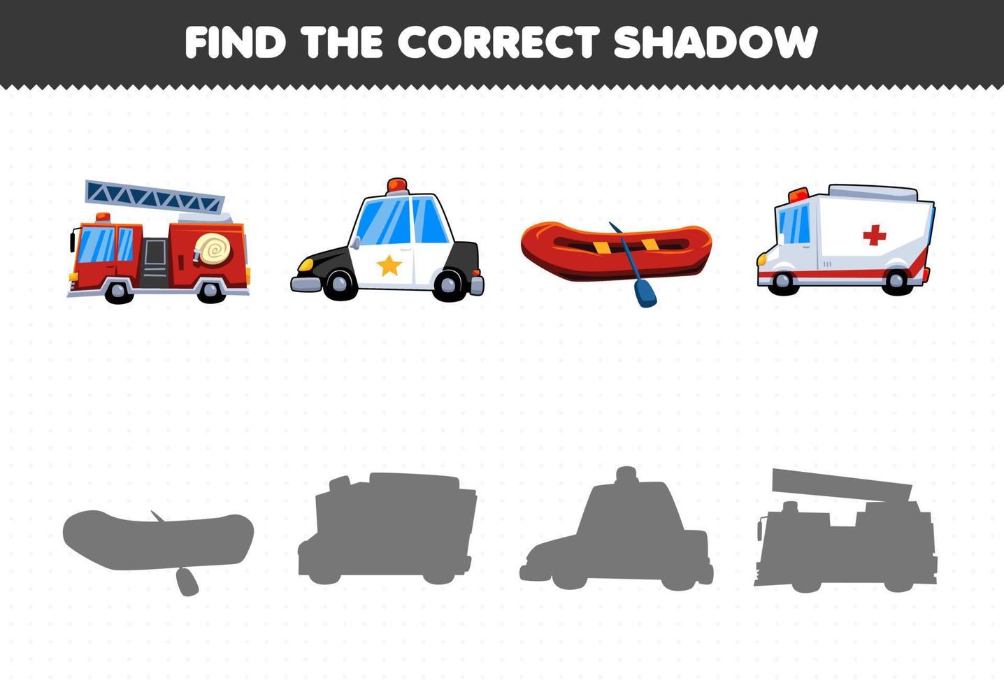 jeu éducatif pour les enfants trouver le bon ensemble d'ombres de transport de sauvetage vecteur