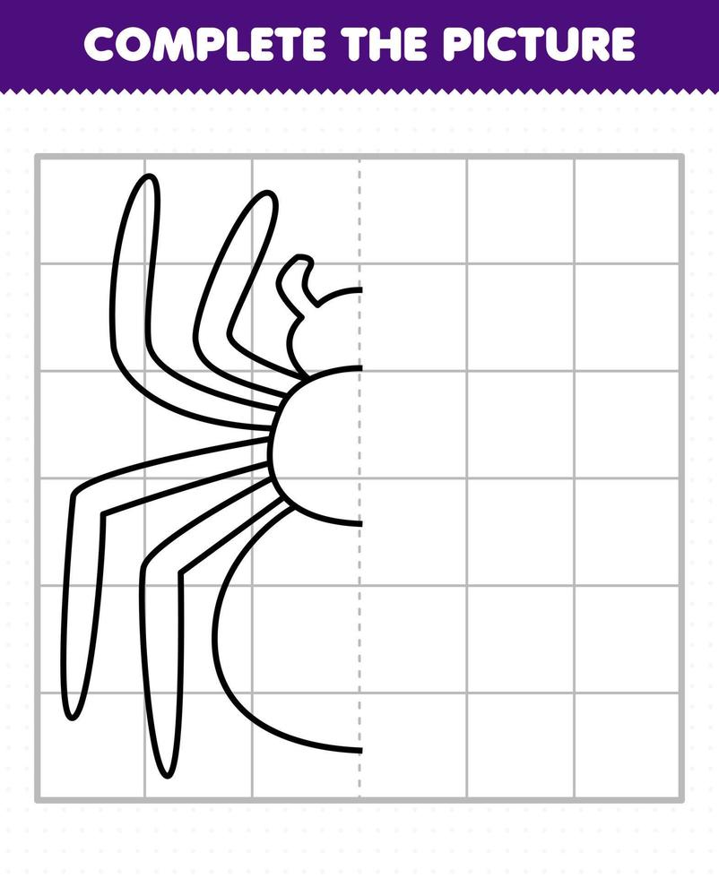 jeu d'éducation pour les enfants compléter l'image jolie tête d'araignée demi-contour pour le dessin vecteur