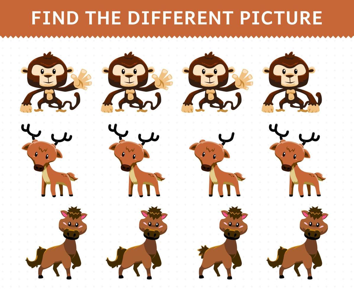 jeu éducatif pour les enfants trouver l'image différente dans chaque rangée dessin animé mignon singe cerf cheval vecteur