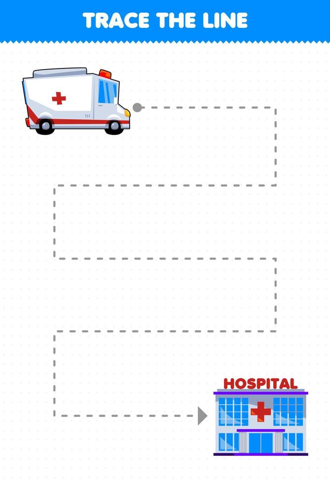 jeu éducatif pour les enfants pratique de l'écriture tracer les lignes aider le transport ambulance se déplacer à l'hôpital vecteur